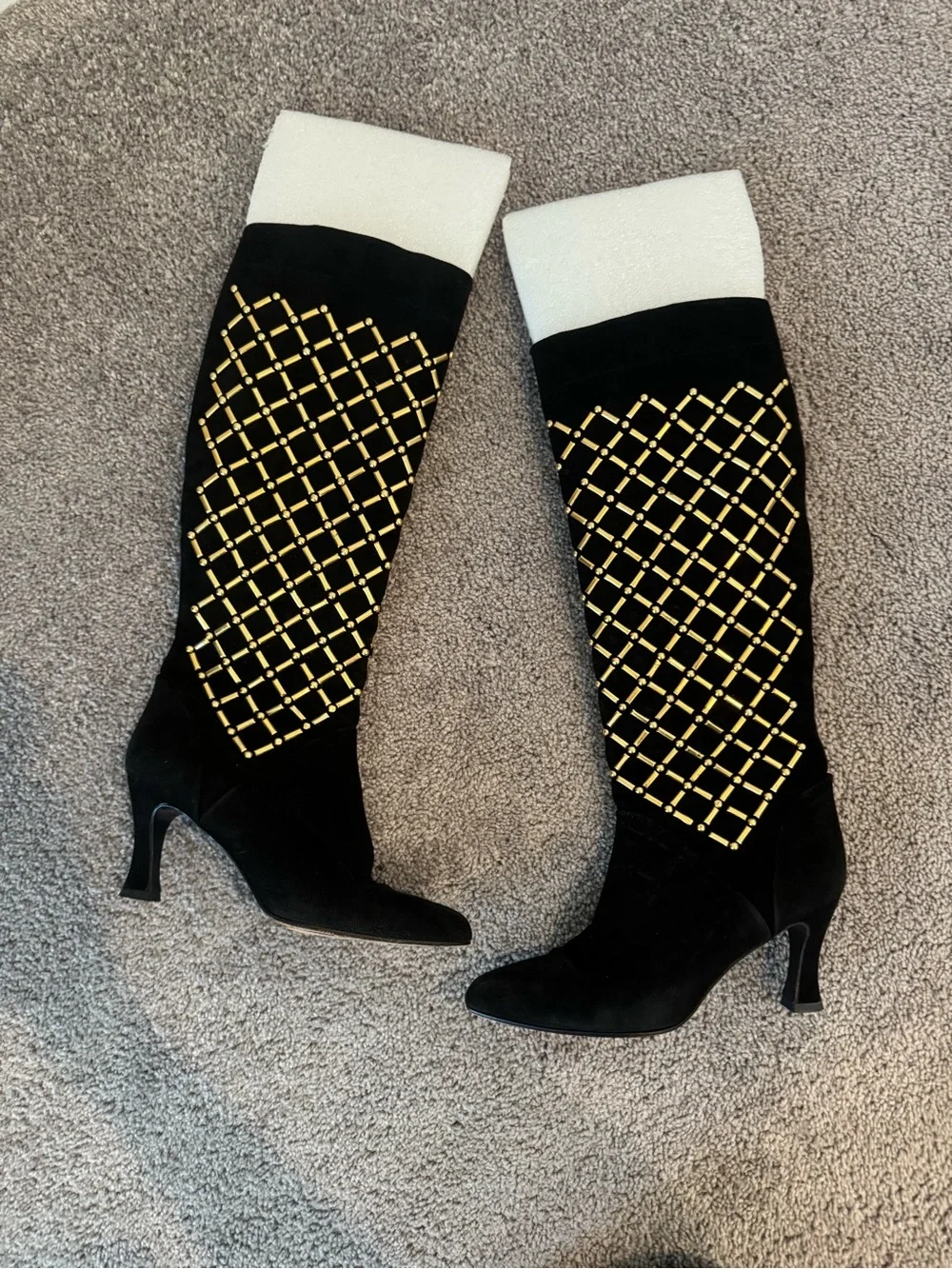 Stuart Weitzman Black Suede Over-the-Knee Boots with Gold Stud Lattice